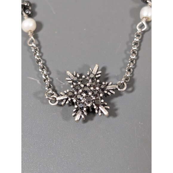 Gray Rhinestone Two Tone Snowflake Station Chain Necklace Pearl Christmas Holida - Picture 3 of 8